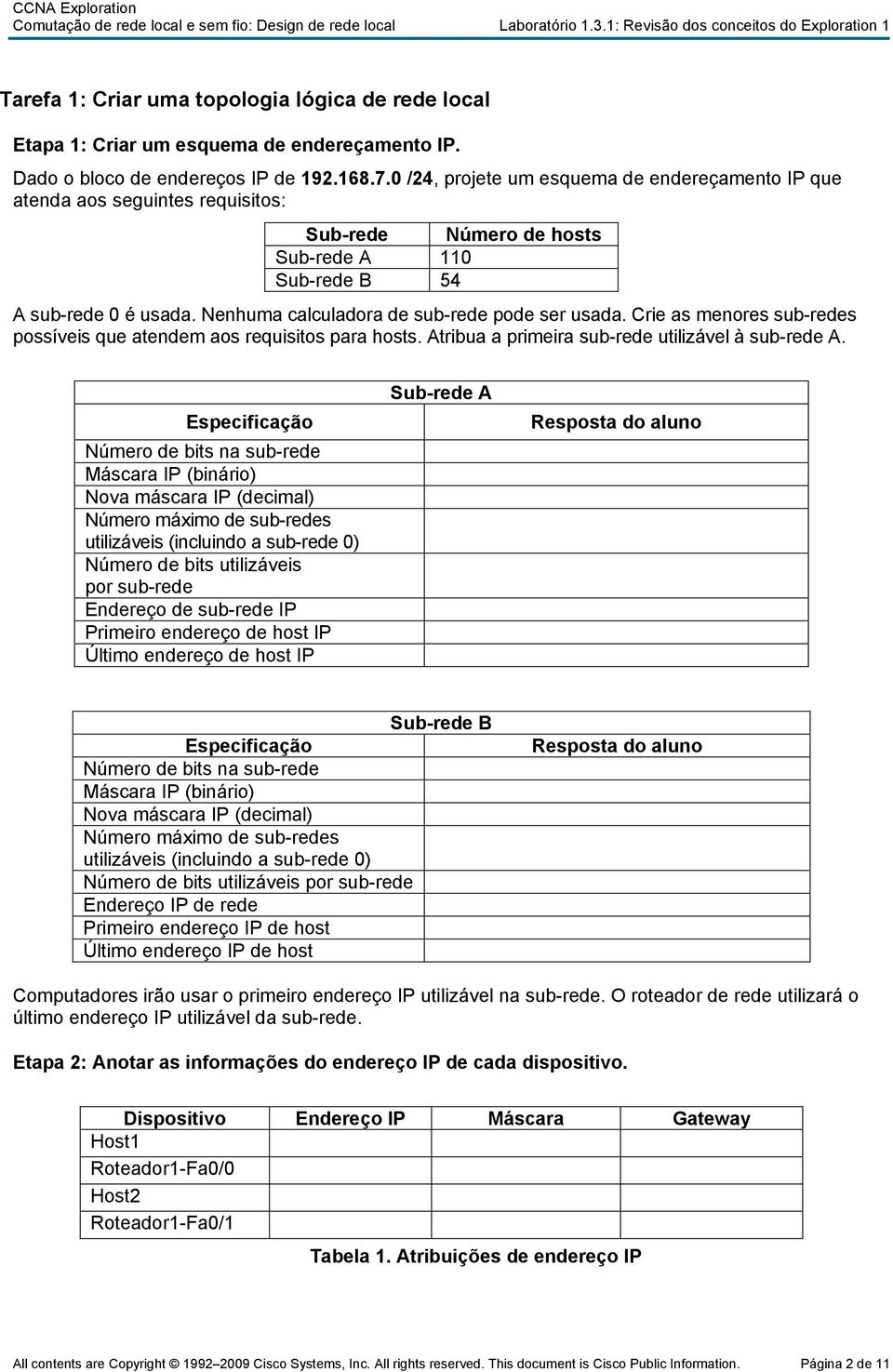 0 /24, projete um esquema de endereçamento IP que atenda aos seguintes requisitos: Sub-rede Número de hosts Sub-rede A 110 Sub-rede B 54 A sub-rede 0 é usada.