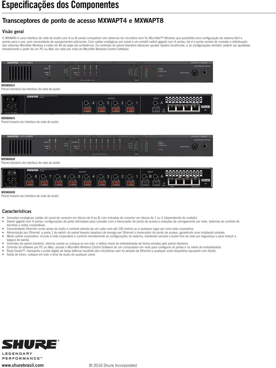 Com saídas analógicas por canal e um versátil switch gigabit com 4 portas, ele é o ponto central de conexão e distribuição dos sistemas Microflex Wireless a redes de AV de salas de conferência.