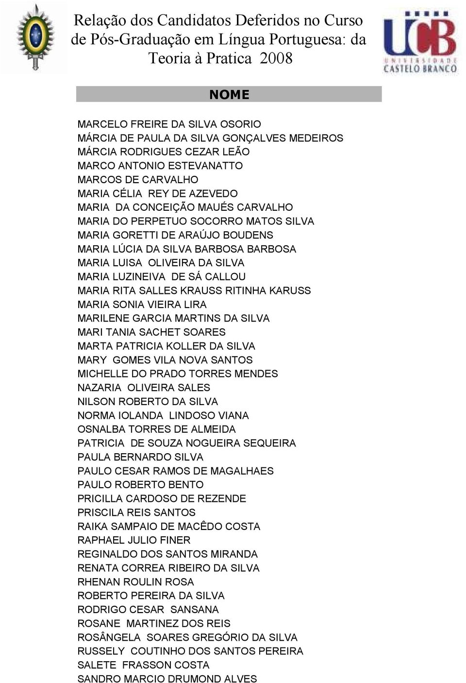 RITINHA KARUSS MARIA SONIA VIEIRA LIRA MARILENE GARCIA MARTINS DA SILVA MARI TANIA SACHET SOARES MARTA PATRICIA KOLLER DA SILVA MARY GOMES VILA NOVA SANTOS MICHELLE DO PRADO TORRES MENDES NAZARIA