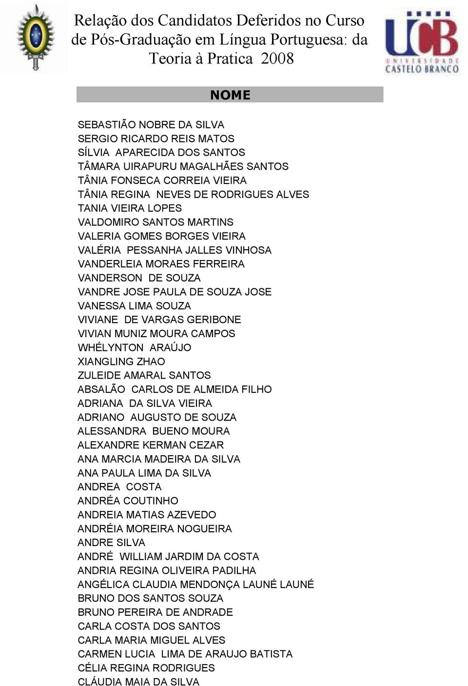 GERIBONE VIVIAN MUNIZ MOURA CAMPOS WHÉLYNTON ARAÚJO XIANGLING ZHAO ZULEIDE AMARAL SANTOS ABSALÃO CARLOS DE ALMEIDA FILHO ADRIANA DA SILVA VIEIRA ADRIANO AUGUSTO DE SOUZA ALESSANDRA BUENO MOURA