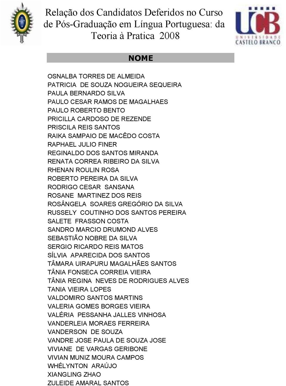 SOARES GREGÓRIO DA SILVA RUSSELY COUTINHO DOS SANTOS PEREIRA SALETE FRASSON COSTA SANDRO MARCIO DRUMOND ALVES SEBASTIÃO NOBRE DA SILVA SERGIO RICARDO REIS MATOS SÍLVIA APARECIDA DOS SANTOS TÂMARA