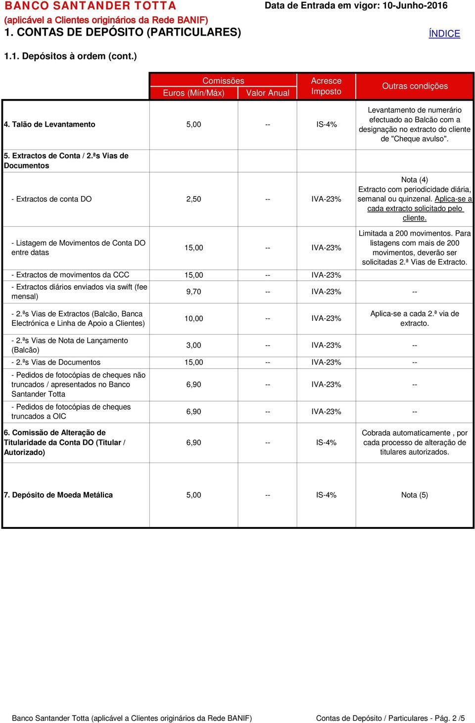 ªs Vias de Documentos - Extractos de conta DO 2,50 Nota (4) Extracto com periodicidade diária, semanal ou quinzenal. Aplica-se a cada extracto solicitado pelo cliente.