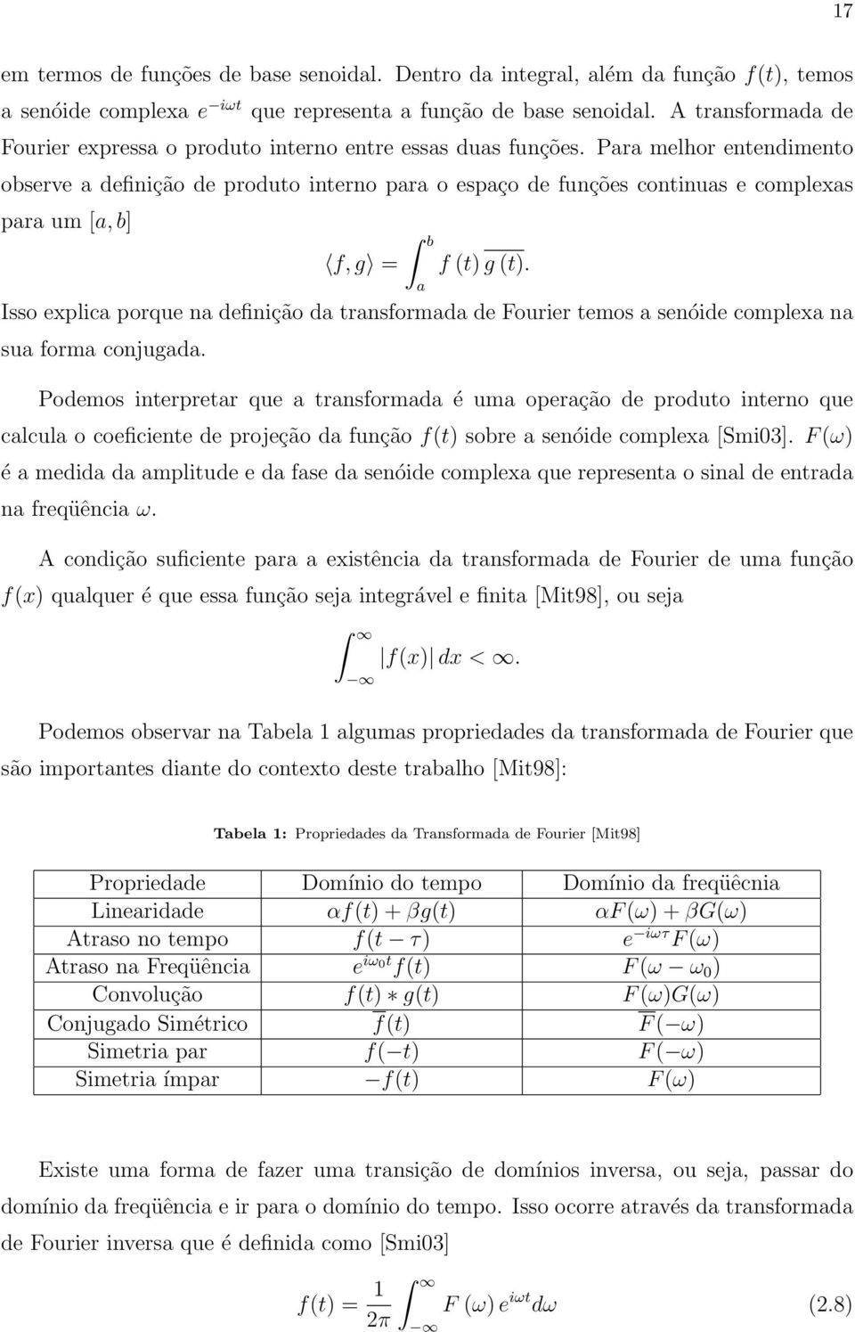 Para melhor entendimento observe a definição de produto interno para o espaço de funções continuas e complexas para um [a, b] f, g = b a f (t) g (t).