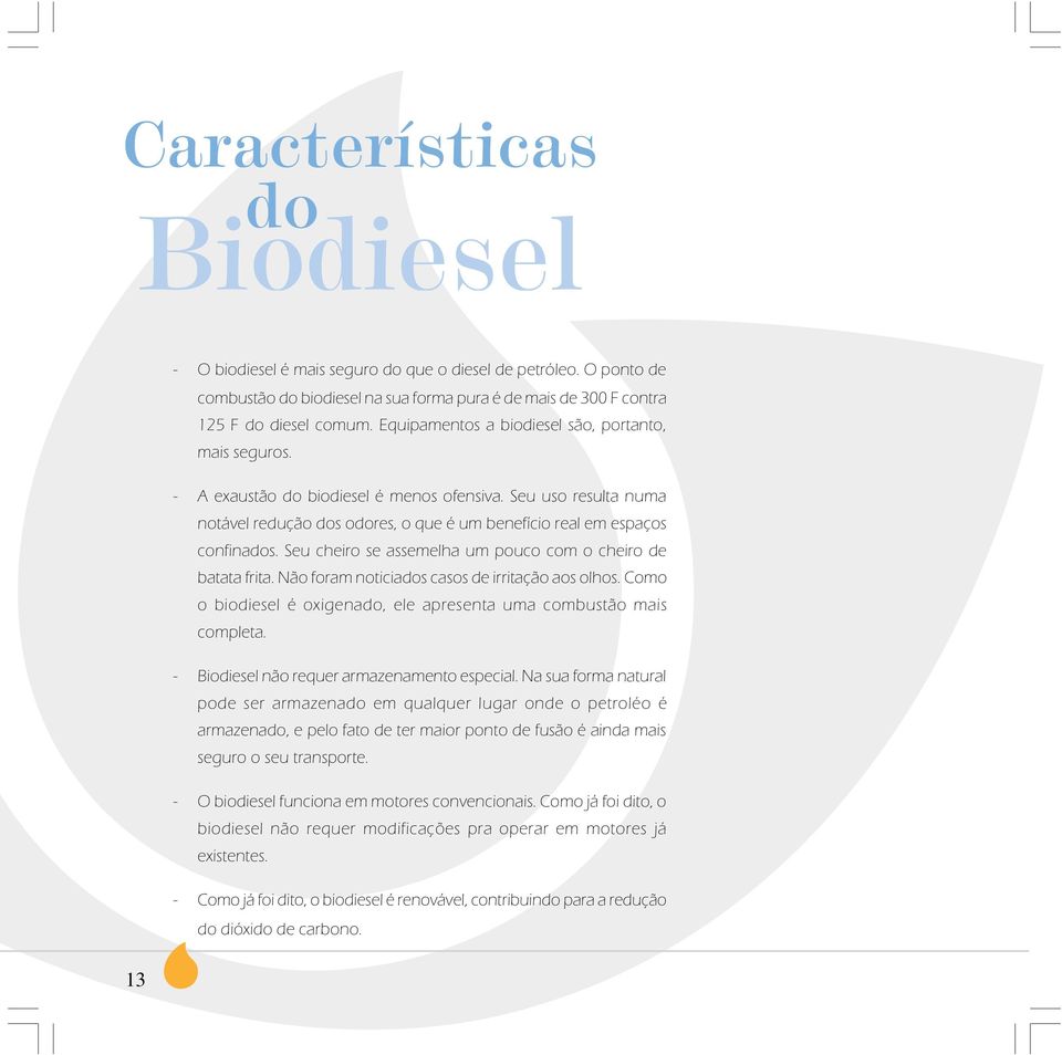 Seu cheiro se assemelha um pouco com o cheiro de batata frita. Não foram noticiados casos de irritação aos olhos. Como o biodiesel é oxigenado, ele apresenta uma combustão mais completa.