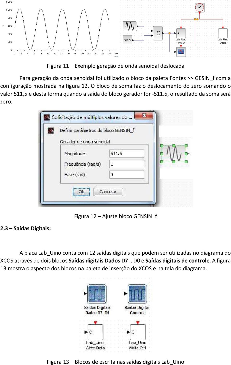 3 Saídas Digitais: Figura 12 Ajuste bloco GENSIN_f A placa Lab_Uino conta com 12 saídas digitais que podem ser utilizadas no diagrama do XCOS através de dois blocos Saídas