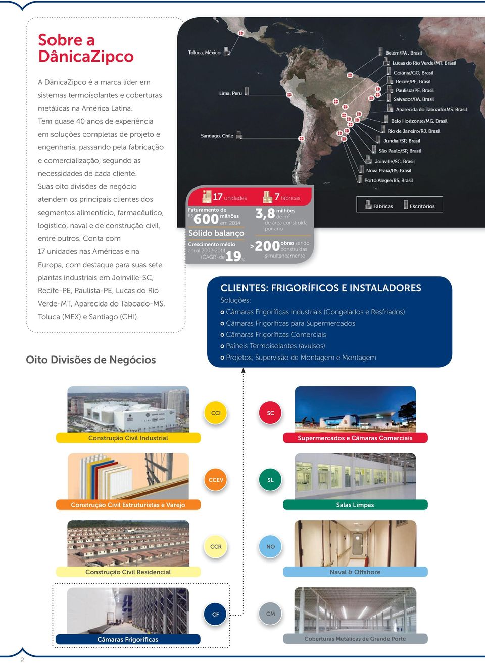 Suas oito divisões de negócio atendem os principais clientes dos segmentos alimentício, farmacêutico, logístico, naval e de construção civil, entre outros.