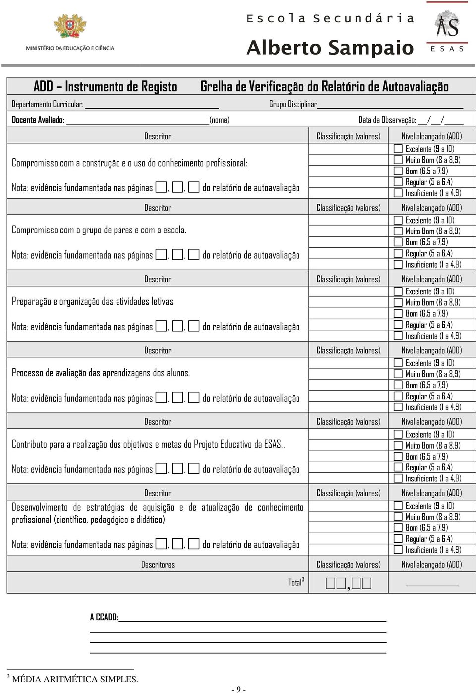 páginas,, do relatório de autoavaliação Insuficiente (1 a 4,9) Descritor Classificação (valores) Nível alcançado (ADD) Compromisso com o grupo de pares e com a escola.