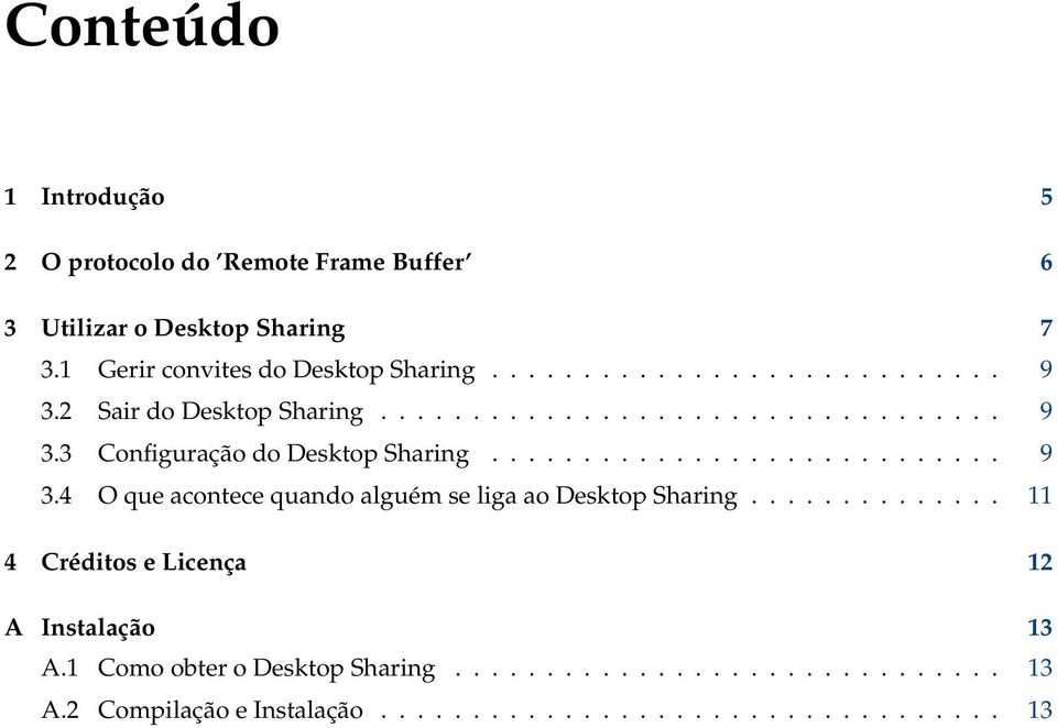 ............. 11 4 Créditos e Licença 12 A Instalação 13 A.1 Como obter o Desktop Sharing.............................. 13 A.2 Compilação e Instalação.