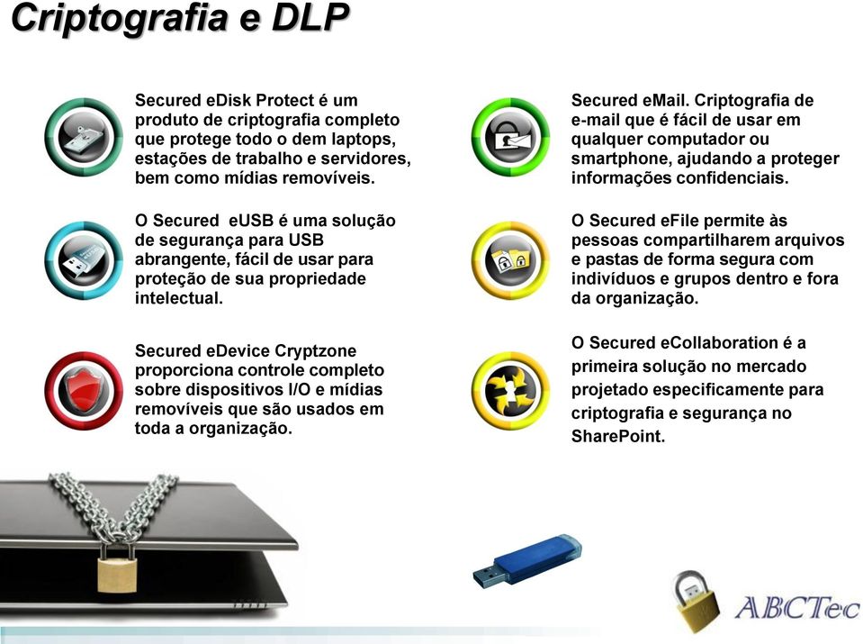 Secured edevice Cryptzone proporciona controle completo sobre dispositivos I/O e mídias removíveis que são usados em toda a organização. Secured email.