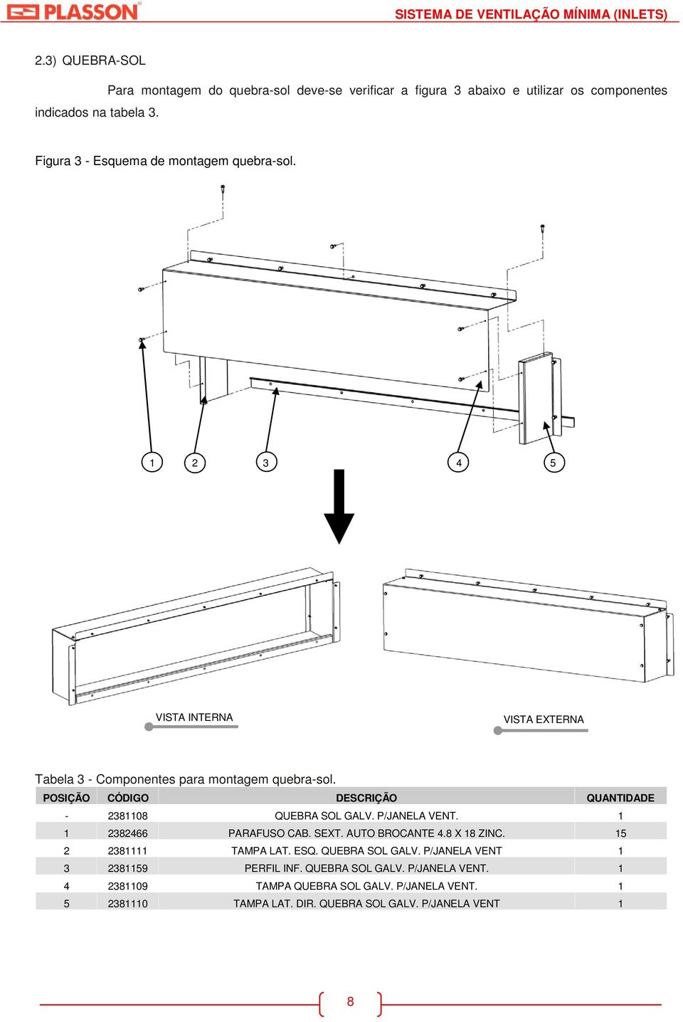1 2 3 4 5 VISTA INTERNA VISTA EXTERNA Tabela 3 - Componentes para montagem quebra-sol. POSIÇÃO CÓDIGO DESCRIÇÃO QUANTIDADE - 2381108 QUEBRA SOL GALV.