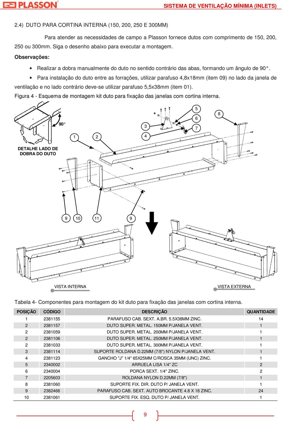 Para instalação do duto entre as forrações, utilizar parafuso 4,8x18mm (item 09) no lado da janela de ventilação e no lado contrário deve-se utilizar parafuso 5,5x38mm (item 01).