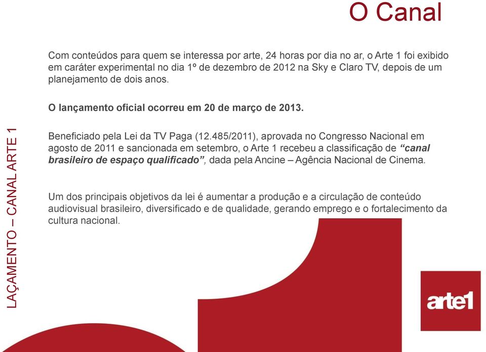 485/2011), aprovada no Congresso Nacional em agosto de 2011 e sancionada em setembro, o Arte 1 recebeu a classificação de canal brasileiro de espaço qualificado, dada pela Ancine