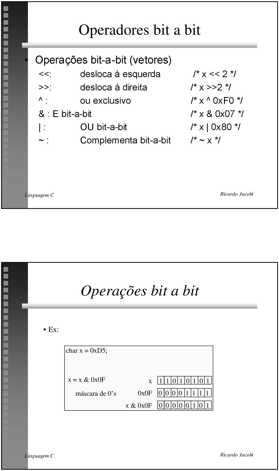 0x07 */ : OU bit-a-bit /* x 0x80 */ ~ : Complementa bit-a-bit /* ~ x */ Operações bit a