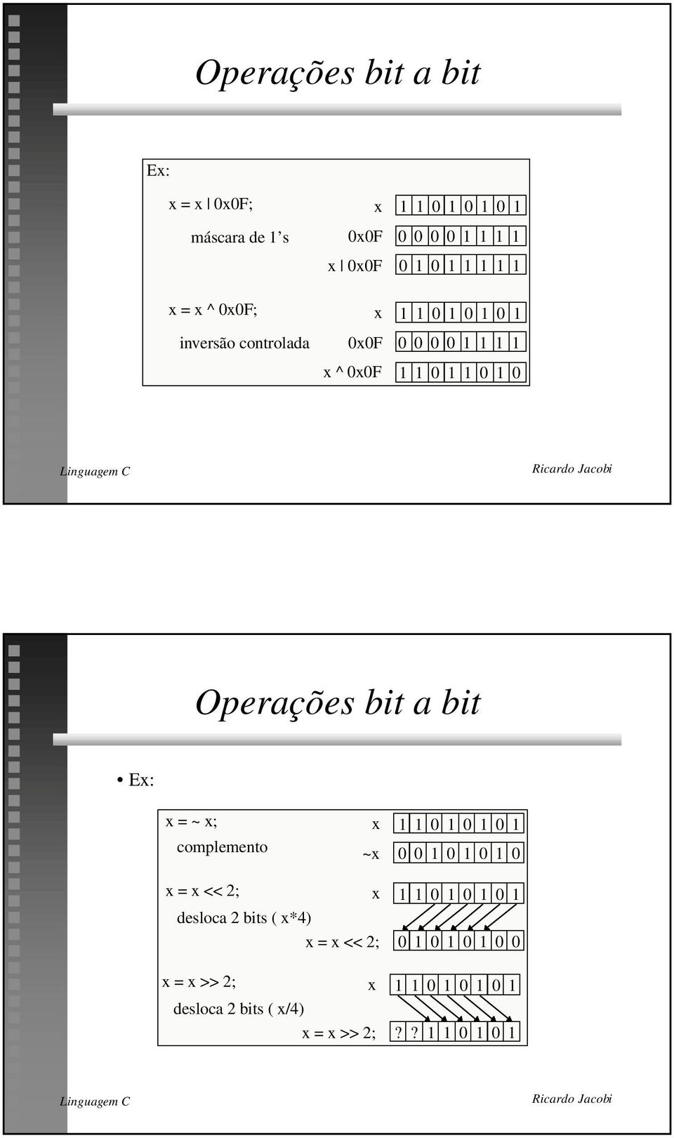 a bit Ex: x = ~ x; complemento x ~x 11010101 00101010 x = x << 2; x desloca 2 bits ( x*4) x