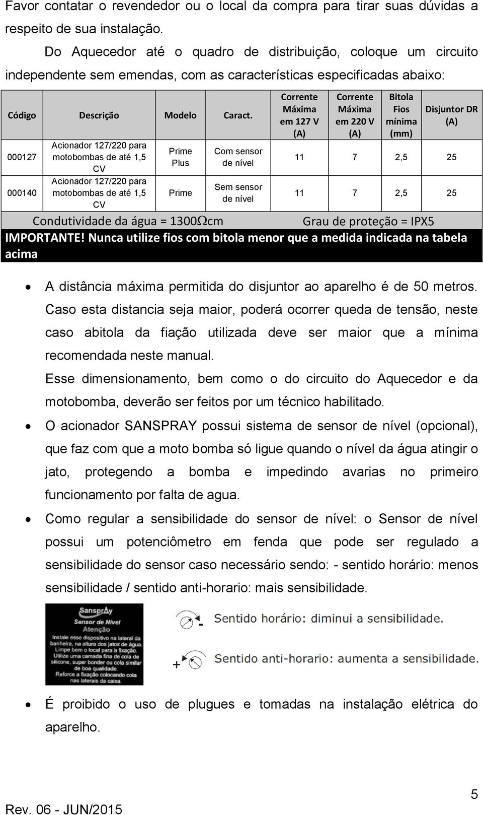 000127 000140 Acionador 127/220 para motobombas de até 1,5 CV Acionador 127/220 para motobombas de até 1,5 CV Prime Plus Prime Com sensor de nível Sem sensor de nível Corrente Máxima em 127 V (A)