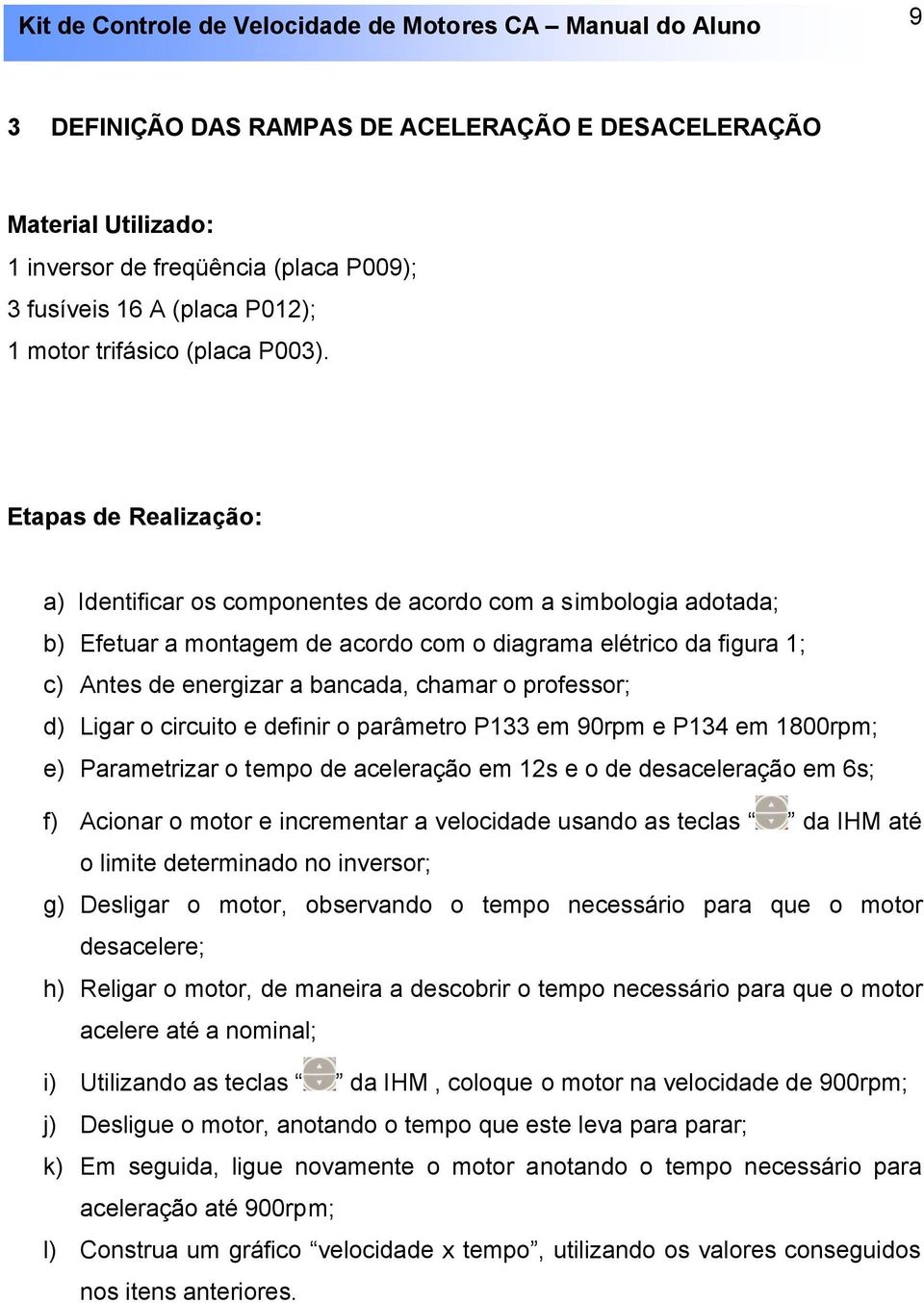 professor; d) Ligar o circuito e definir o parâmetro P133 em 90rpm e P134 em 1800rpm; e) Parametrizar o tempo de aceleração em 12s e o de desaceleração em 6s; f) Acionar o motor e incrementar a