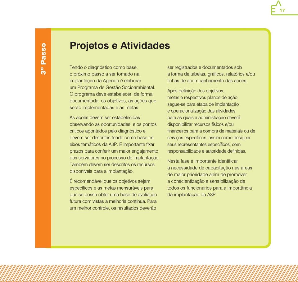 As ações devem ser estabelecidas observando as oportunidades e os pontos críticos apontados pelo diagnóstico e devem ser descritas tendo como base os eixos temáticos da A3P.