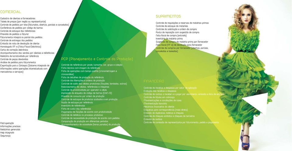 Homologado NF-e (Nota Fiscal Eletrônica) Carta de correção eletrônica Acompanhamento das vendas por clientes e referências Relatório de lucratividade por referência Controle de peças devolvidas