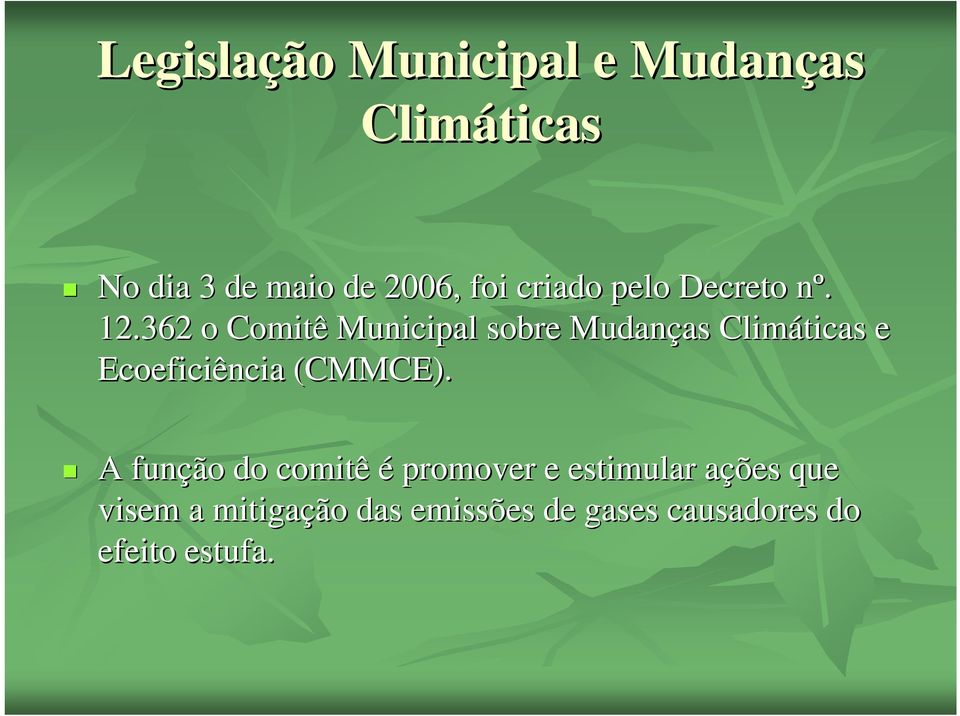 362 o Comitê Municipal sobre Mudanças Climáticas e Ecoeficiência (CMMCE).