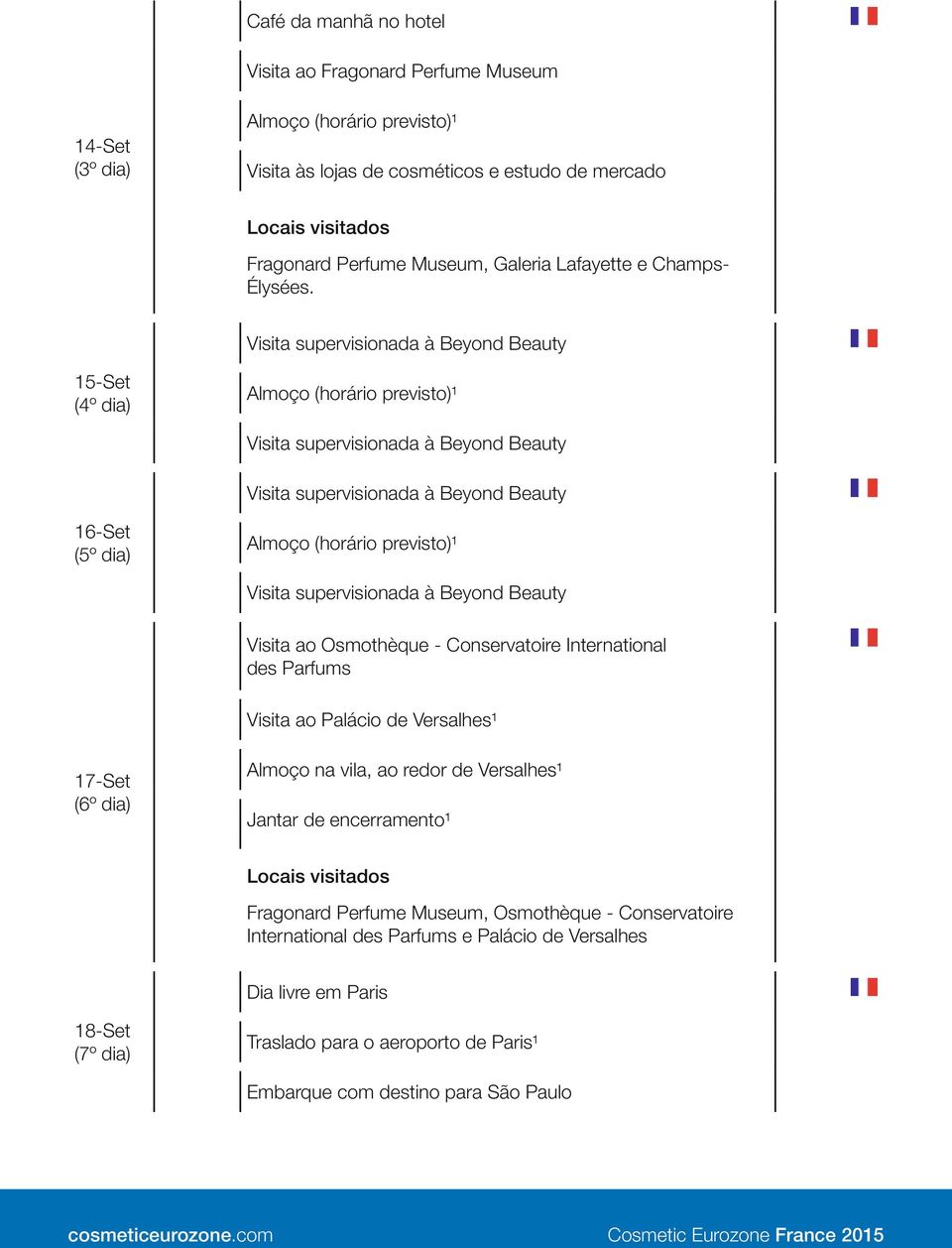 15-Set (4º dia) 16-Set (5º dia) Visita ao Osmothèque - Conservatoire International des Parfums Visita ao Palácio de Versalhes¹ 17-Set (6º dia) Almoço na vila,