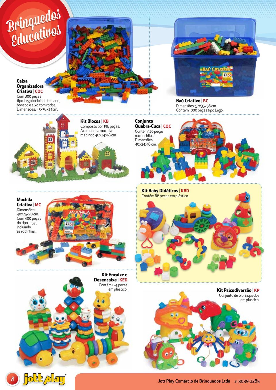 Conjunto Quebra-Cuca CQC Contém 120 peças na. 40x24x18 cm. Mochila Criativa MC 40x25x20 cm. Com 400 peças do tipo Lego, incluindo as rodinhas.
