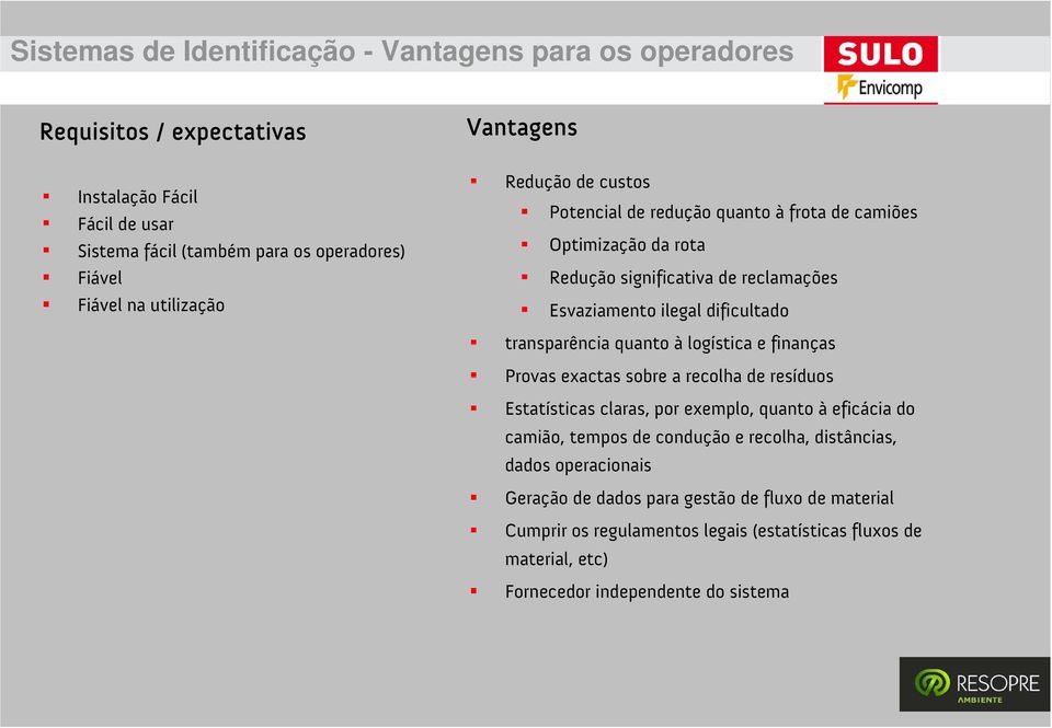 transparência quanto à logística e finanças Provas exactas sobre a recolha de resíduos Estatísticas claras, por exemplo, quanto à eficácia do camião, tempos de condução e