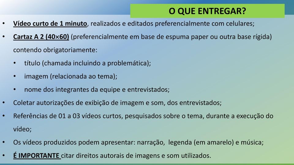 rígida) contendo obrigatoriamente: título (chamada incluindo a problemática); imagem (relacionada ao tema); nome dos integrantes da equipe e entrevistados;