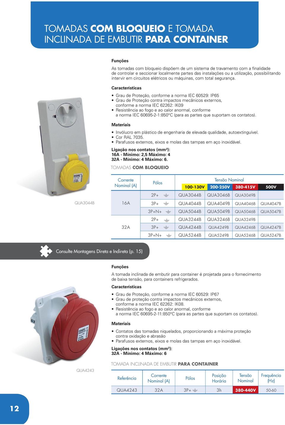 conforme a norma IEC 62262: IK09 a norma IEC 60695-2-1:850 C (para as partes que suportam os contatos). Ligação nos contatos (mm²): - Mínimo: 2,5 Máximo: 4 - Mínimo: 4 Máximo: 6.