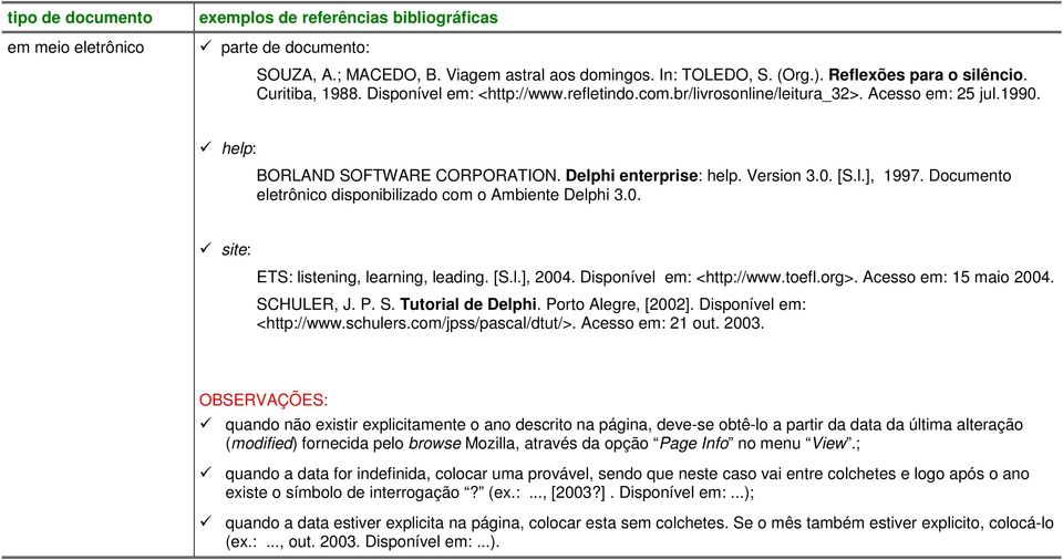 Documento eletrônico disponibilizado com o Ambiente Delphi 3.0. site: ETS: listening, learning, leading. [S.l.], 2004. Disponível em: <http://www.toefl.org>. Acesso em: 15 maio 2004. SC