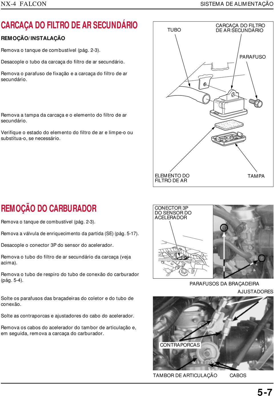 Verifique o estado do elemento do filtro de ar e limpe-o ou substitua-o, se necessário. ELEMENTO DO FILTRO DE AR REMOÇÃO DO CARBURADOR Remova o tanque de combustível (pág. 2-3).