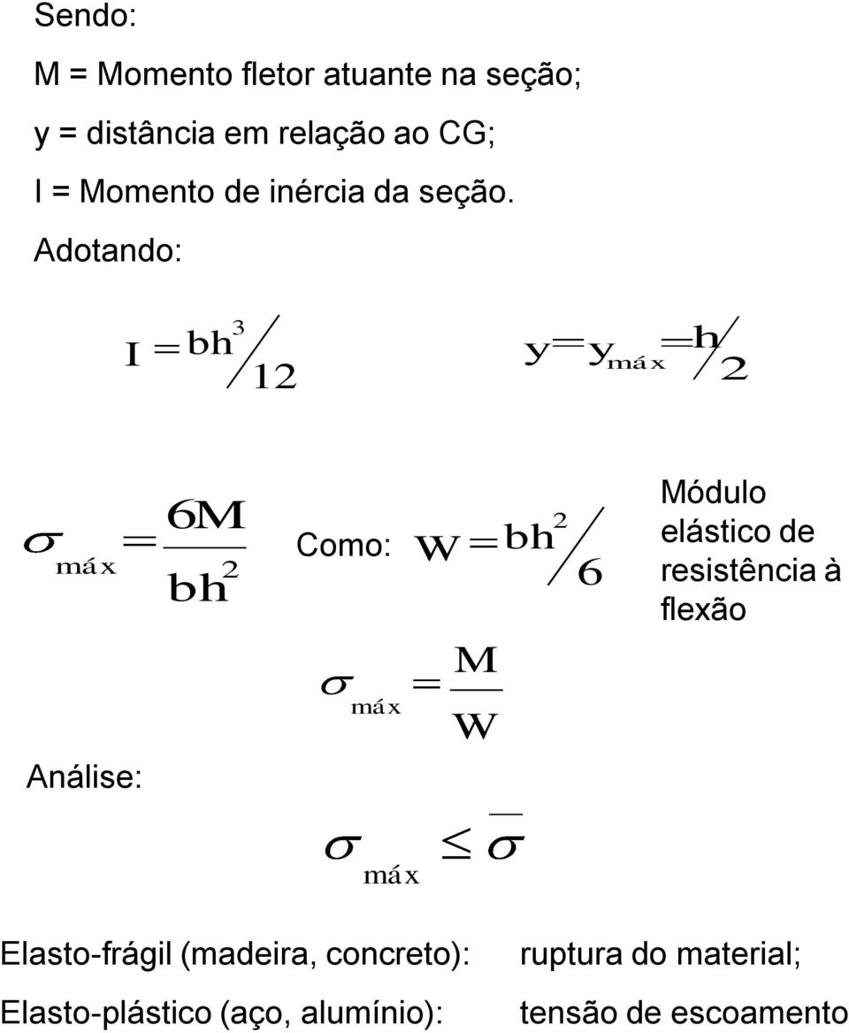 Adotando: 3 I bh y y h máx 12 2 máx 6M bh 2 Como: W M 2 bh 6 Móduo eástico de