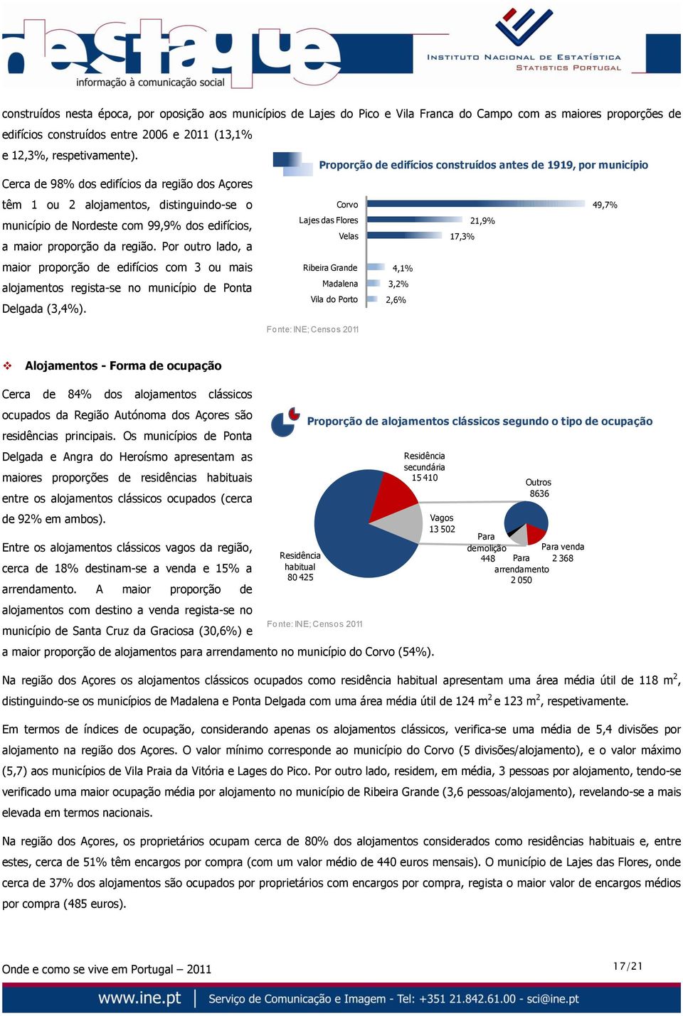 Por outro lado, a maior proporção de edifícios com 3 ou mais alojamentos regista-se no município de Ponta Delgada (3,4%).