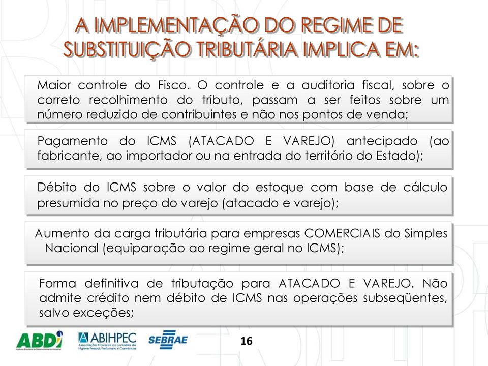 Pagamento do ICMS (ATACADO E VAREJO) antecipado (ao fabricante, ao importador ou na entrada do território do Estado); Débito do ICMS sobre o valor do estoque com base