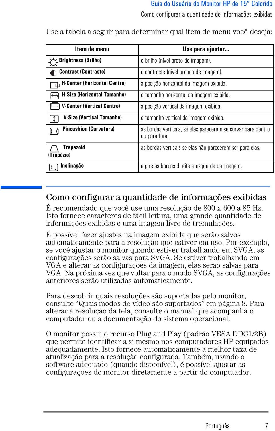 o contraste (nível branco de imagem). a posição horizontal da imagem exibida. o tamanho horizontal da imagem exibida. a posição vertical da imagem exibida. o tamanho vertical da imagem exibida.