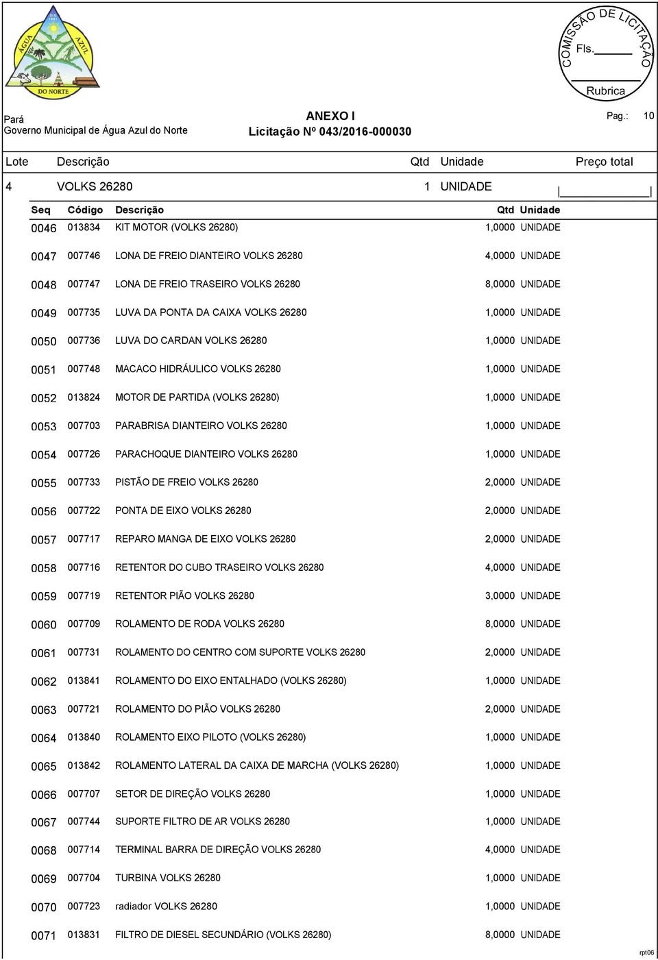 007735 LUVA DA PONTA DA CAIXA VOLKS 26280 1,0000 UNIDADE 0050 007736 LUVA DO CARDAN VOLKS 26280 1,0000 UNIDADE 0051 007748 MACACO HIDRÁULICO VOLKS 26280 1,0000 UNIDADE 0052 013824 MOTOR DE PARTIDA