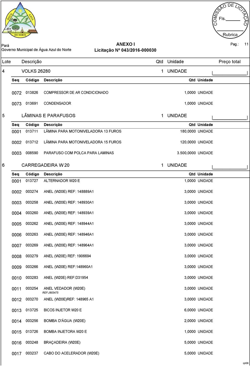 UNIDADE 0002 013712 LÂMINA PARA MOTONIVELADORA 15 FUROS 120,0000 UNIDADE 0003 008590 PARAFUSO COM POLCA PARA LAMINAS 3.