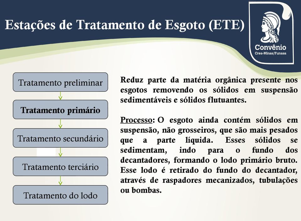 Processo: O esgoto ainda contém sólidos em suspensão, não grosseiros, que são mais pesados que a parte líquida.