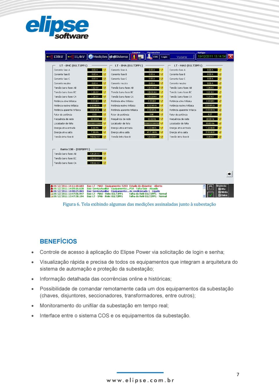 senha; Visualização rápida e precisa de todos os equipamentos que integram a arquitetura do sistema de automação e proteção da subestação; Informação