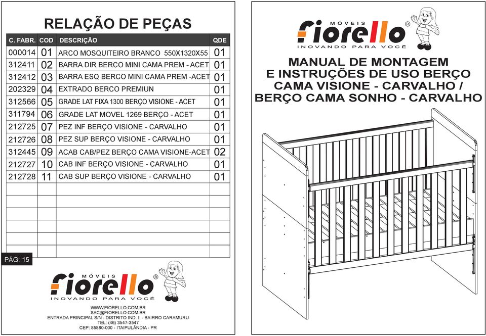 ACAB CAB/PEZ BERÇO CAMA VISIONE-ACET 212727 CAB INF BERÇO VISIONE - CARVALHO 21272 CAB SUP BERÇO VISIONE - CARVALHO 02 MANUAL DE MONTAGEM E INSTRUÇÕES DE USO BERÇO CAMA VISIONE - CARVALHO