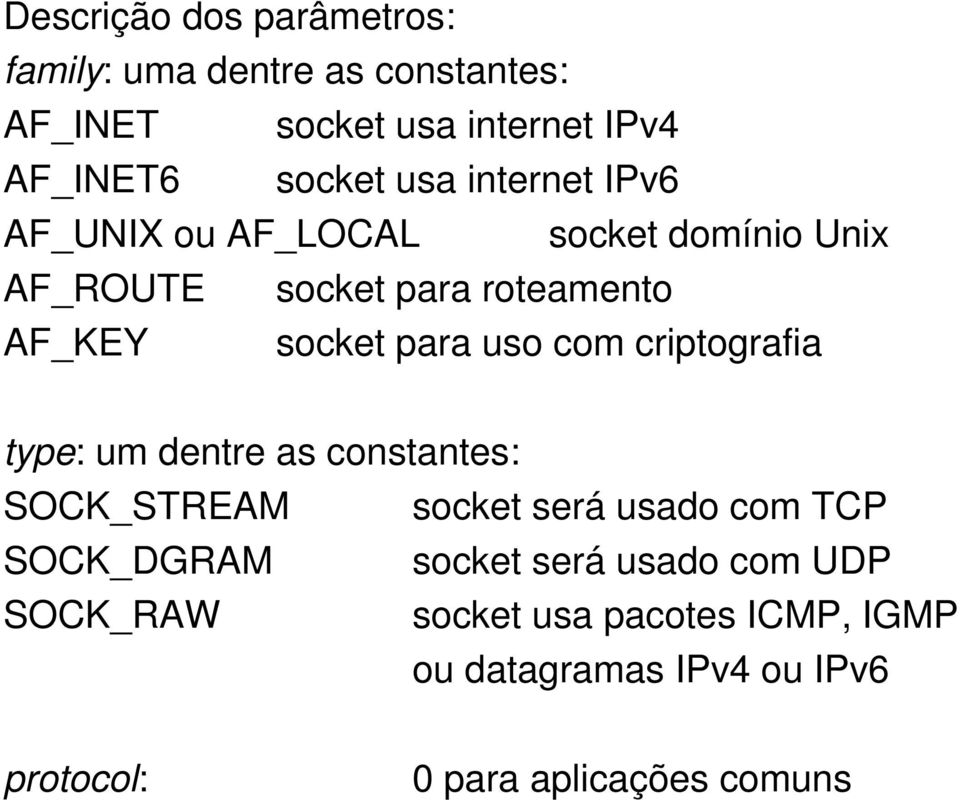 uso com criptografia type: um dentre as constantes: SOCK_STREAM socket será usado com TCP SOCK_DGRAM socket