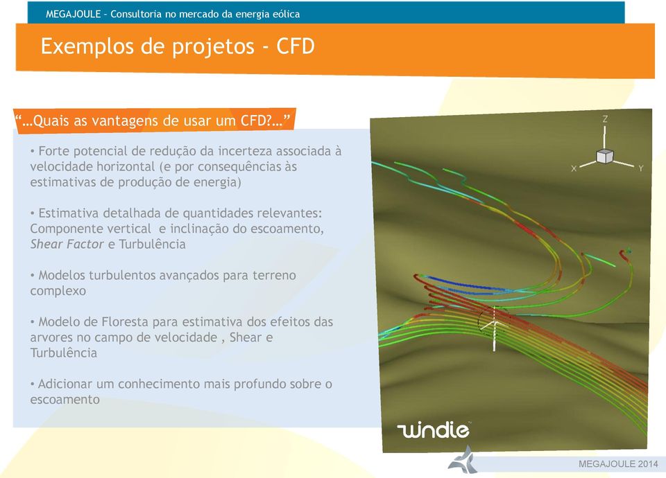 energia) Estimativa detalhada de quantidades relevantes: Componente vertical e inclinação do escoamento, Shear Factor e Turbulência