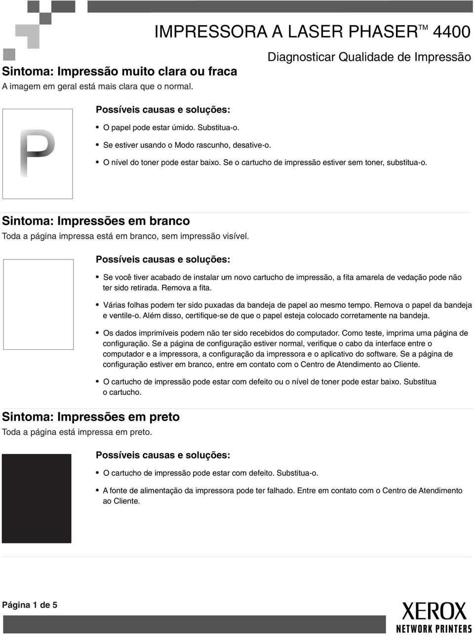 Sintoma: Impressões em branco Toda a página impressa está em branco, sem impressão visível.