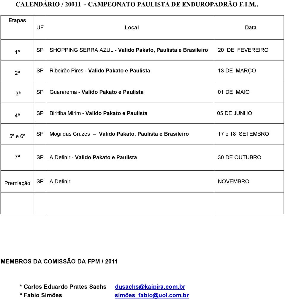 . Etapas UF Local Data 1ª SP SHOPPING SERRA AZUL - Valido Pakato, Paulista e Brasileiro 20 DE FEVEREIRO 2ª SP Ribeirão Pires - Valido Pakato e Paulista 13 DE