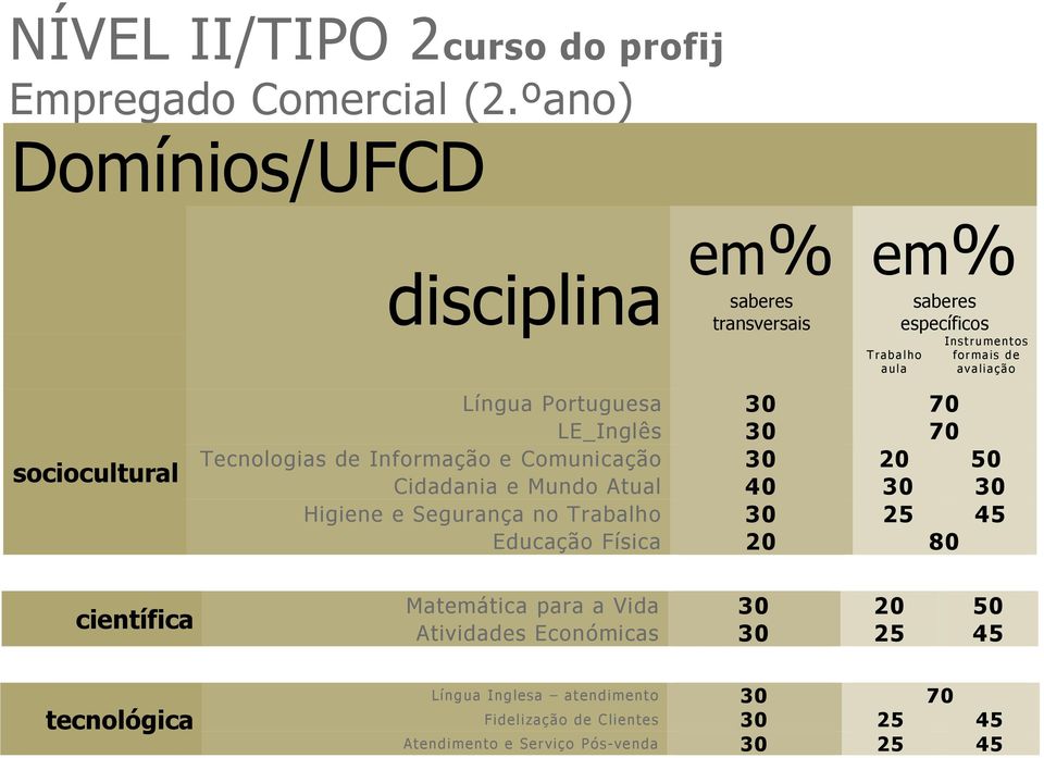 científica tecnológica Língua Portuguesa 30 70 LE_Inglês 30 70 Tecnologias de Informação e Comunicação 30 20 50 Cidadania e Mundo Atual 40 30