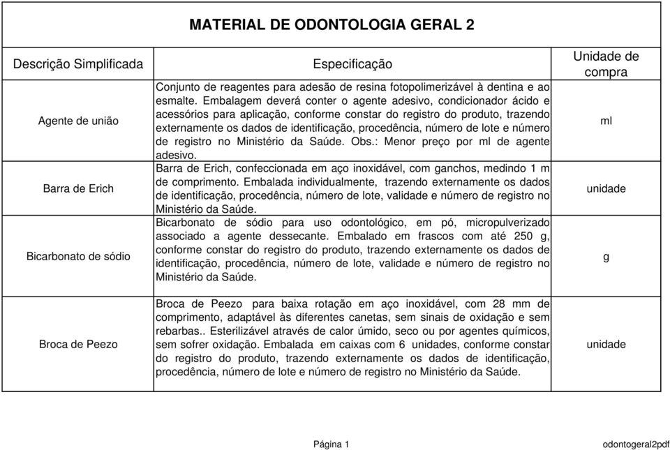 número de lote e número de registro no Obs.: Menor preço por ml de agente adesivo. Barra de Erich, confeccionada em aço inoxidável, com ganchos, medindo 1 m de comprimento.