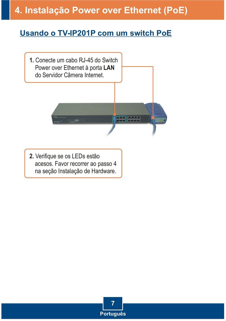Conecte um cabo RJ-45 do Switch Power over Ethernet à porta LAN do