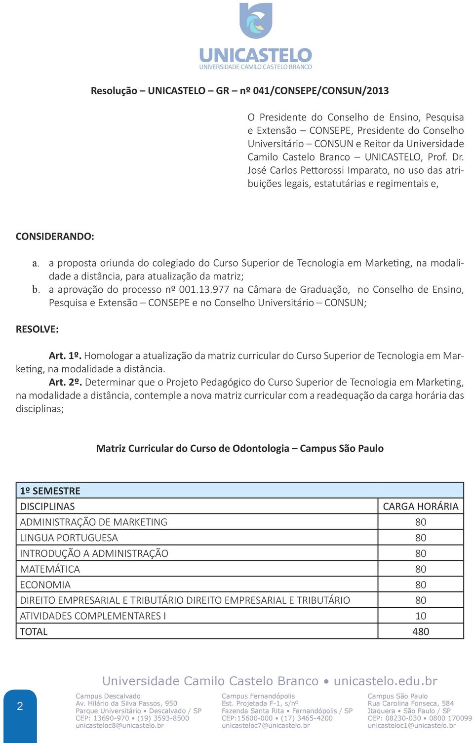 a proposta oriunda do colegiado do Curso Superior de Tecnologia em Marketing, na modalidade a distância, para atualização da matriz; b. a aprovação do processo nº 001.13.