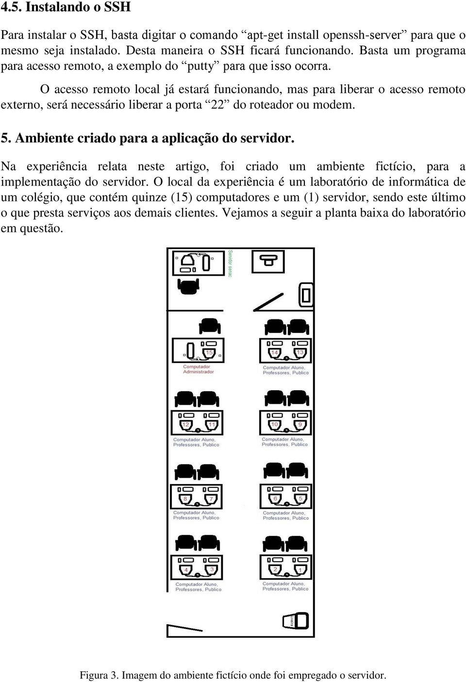 O acesso remoto local já estará funcionando, mas para liberar o acesso remoto externo, será necessário liberar a porta 22 do roteador ou modem. 5. Ambiente criado para a aplicação do servidor.