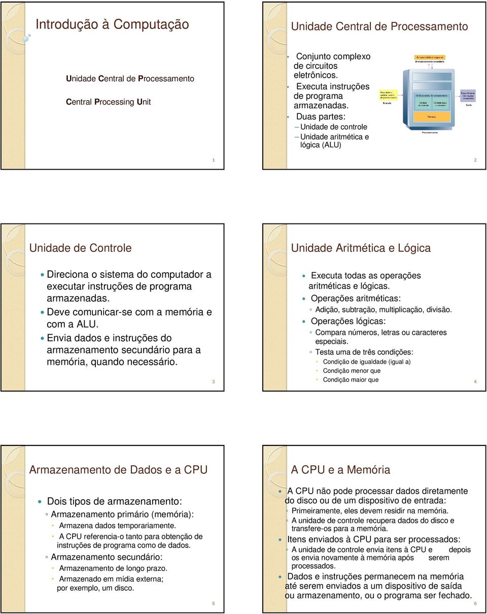 Duas partes: Unidade de controle Unidade aritmética e lógica (ALU) 1 2 Unidade de Controle Unidade Aritmética e Lógica Direciona o sistema do computador a executar instruções de programa armazenadas.