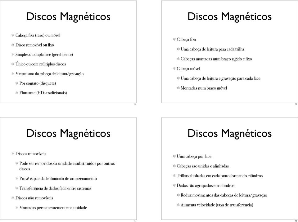 Discos removíveis Pode ser removidos da unidade e substituídos por outros discos Provê capacidade ilimitada de armazenamento Transferência de dados fácil entre sistemas Discos não removíveis Montadas